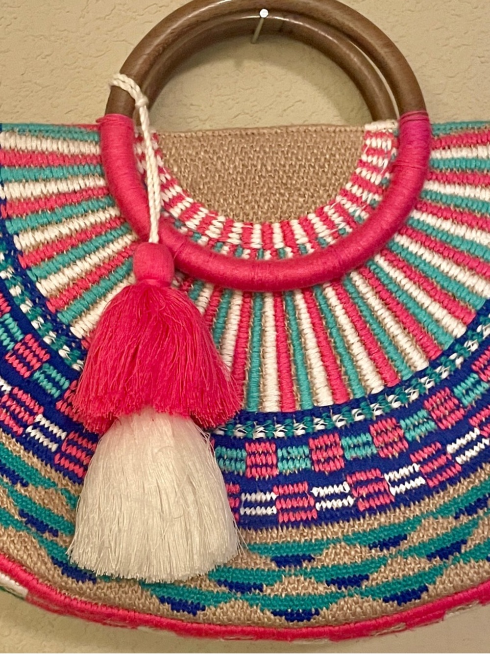 Colorful Handwoven Women’s Tote with Pink Tassel Accent